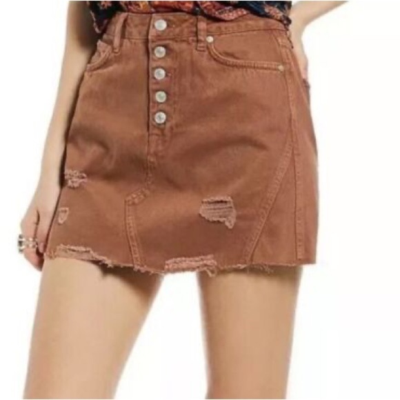 WE THE FREE FREE PEOPLE COPPER DECONSTRUCTED DENIM MINI SKIRT ORANGE DISTRESSED - Picture 10 of 10